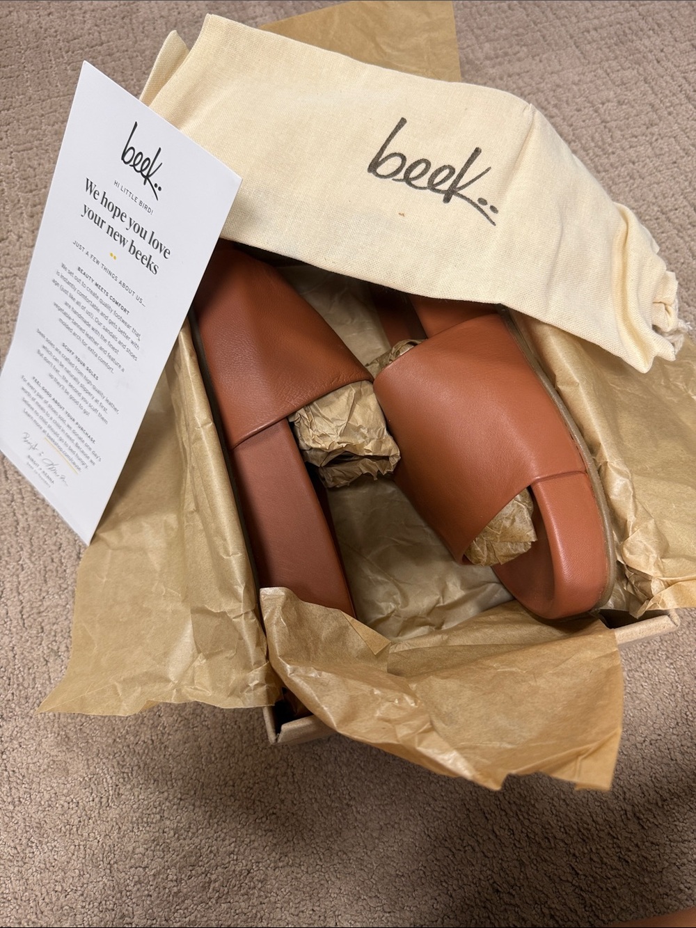 beek Cognac Brown Leather Slide Sandals - Picture 7 of 10